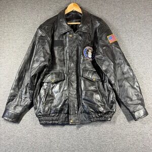 Vintage Genuine Leather Mens Embroidered Bomber Jacket Size XL Extra Large Black